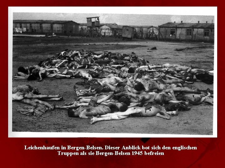 Leichenhaufen in Bergen-Belsen. Dieser Anblick bot sich den englischen Truppen als sie Bergen-Belsen 1945