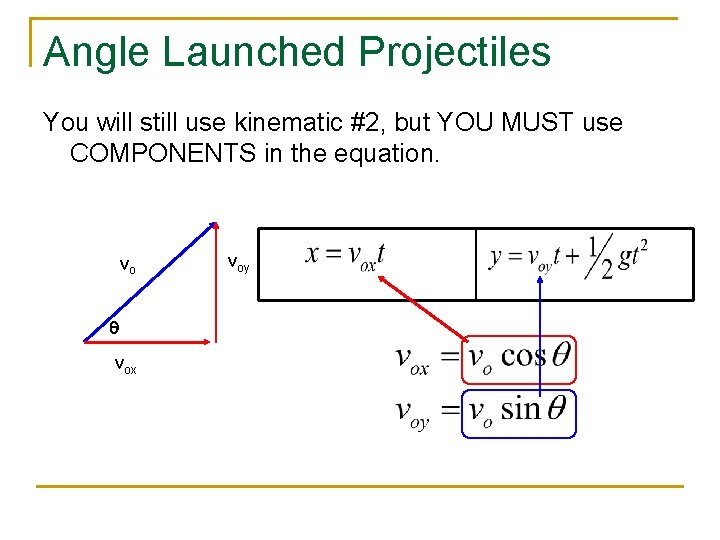 Angle Launched Projectiles You will still use kinematic #2, but YOU MUST use COMPONENTS