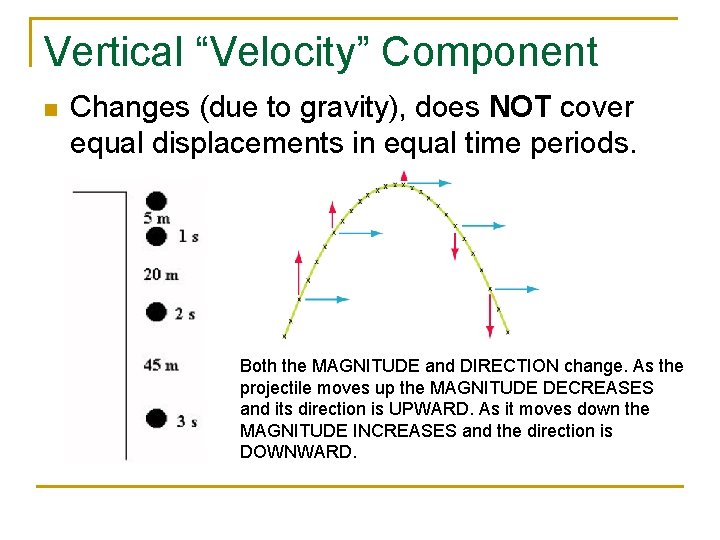 Vertical “Velocity” Component n Changes (due to gravity), does NOT cover equal displacements in