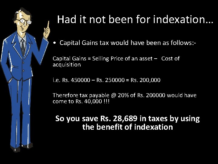 Had it not been for indexation… • Capital Gains tax would have been as