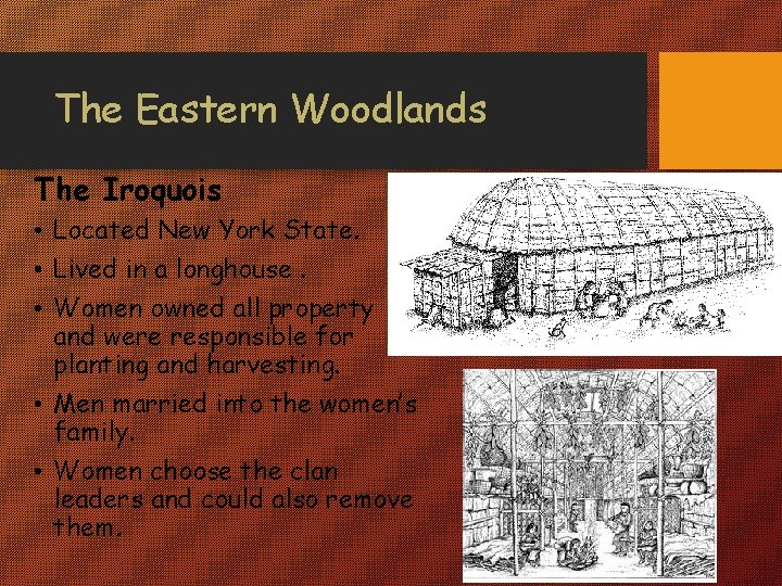 The Eastern Woodlands The Iroquois • Located New York State. • Lived in a