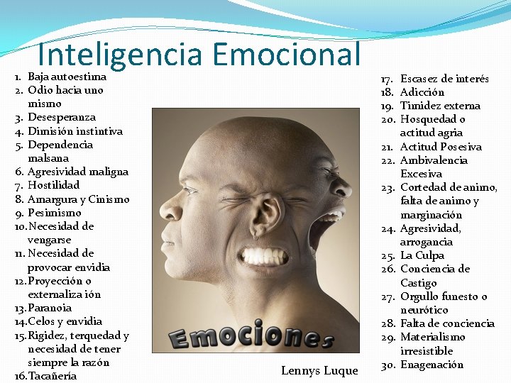 Inteligencia Emocional 1. Baja autoestima 2. Odio hacia uno mismo 3. Desesperanza 4. Dimisión