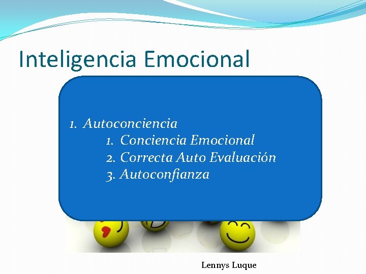 Inteligencia Emocional 1. Autoconciencia 1. Conciencia Emocional 2. Correcta Auto Evaluación 3. Autoconfianza Lennys