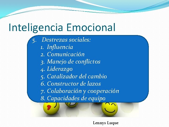 Inteligencia Emocional 5. Destrezas sociales: 1. Influencia 2. Comunicación 3. Manejo de conflictos 4.