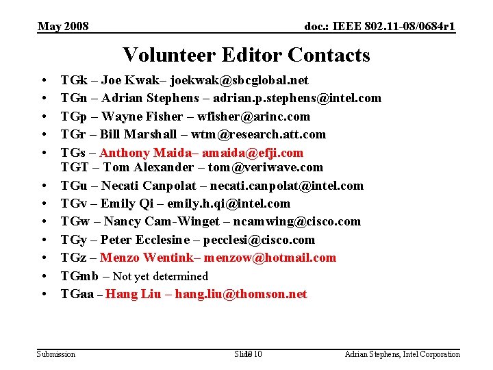 May 2008 doc. : IEEE 802. 11 -08/0684 r 1 Volunteer Editor Contacts •