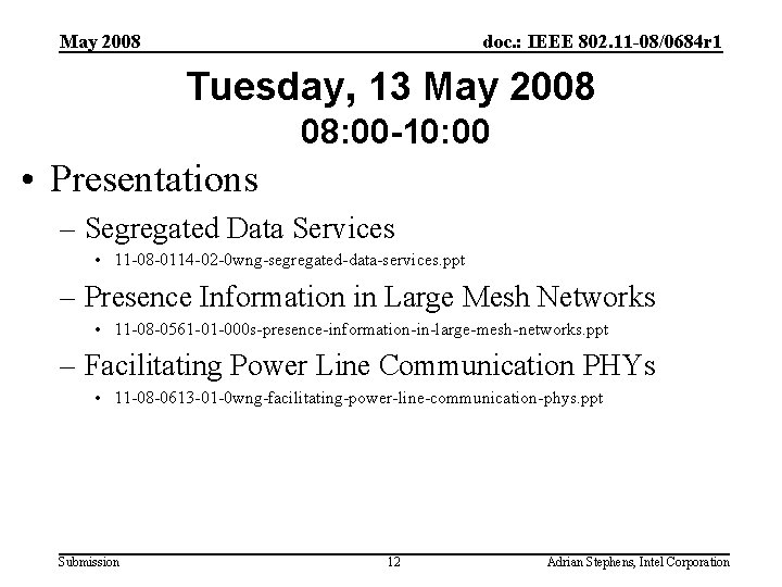 May 2008 doc. : IEEE 802. 11 -08/0684 r 1 Tuesday, 13 May 2008