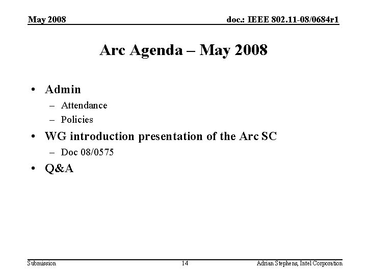 May 2008 doc. : IEEE 802. 11 -08/0684 r 1 Arc Agenda – May