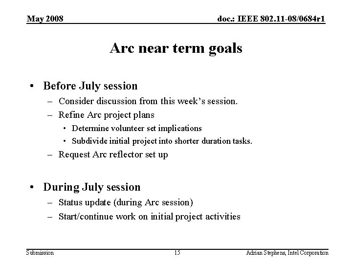 May 2008 doc. : IEEE 802. 11 -08/0684 r 1 Arc near term goals