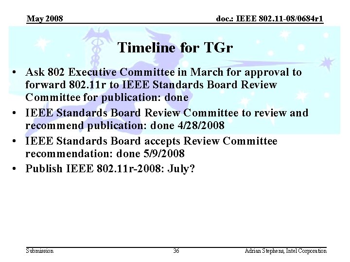 May 2008 doc. : IEEE 802. 11 -08/0684 r 1 Timeline for TGr •