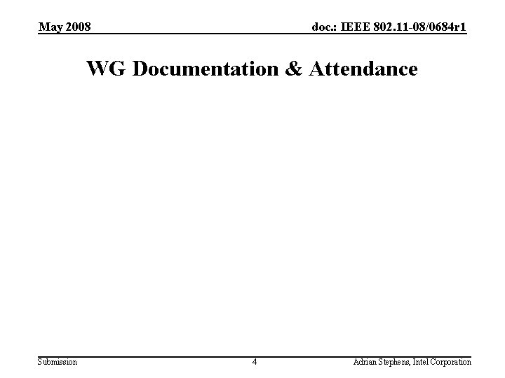 May 2008 doc. : IEEE 802. 11 -08/0684 r 1 WG Documentation & Attendance