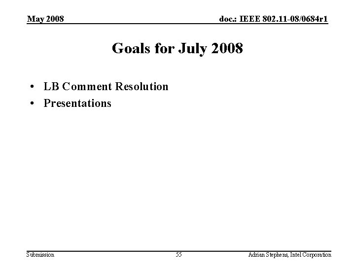 May 2008 doc. : IEEE 802. 11 -08/0684 r 1 Goals for July 2008