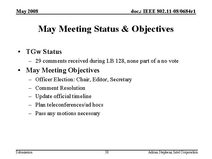 May 2008 doc. : IEEE 802. 11 -08/0684 r 1 May Meeting Status &
