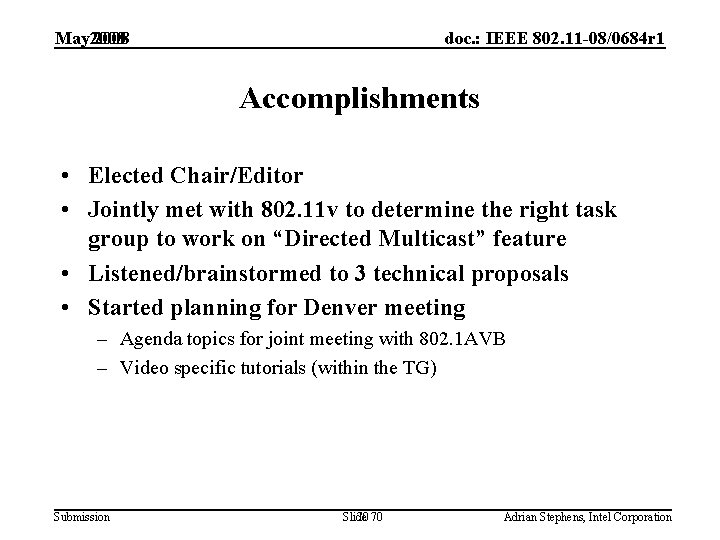 May 2008 doc. : IEEE 802. 11 -08/0684 r 1 Accomplishments • Elected Chair/Editor