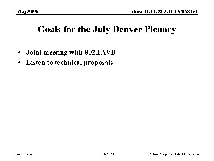 May 2008 doc. : IEEE 802. 11 -08/0684 r 1 Goals for the July