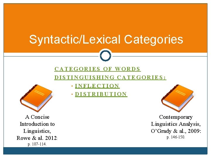 Syntactic/Lexical Categories CATEGORIES OF WORDS DISTINGUISHING CATEGORIES: • INFLECTION • DISTRIBUTION A Concise Introduction