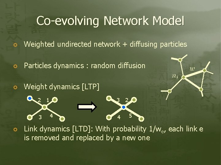 Co-evolving Network Model Weighted undirected network + diffusing particles Particles dynamics : random diffusion