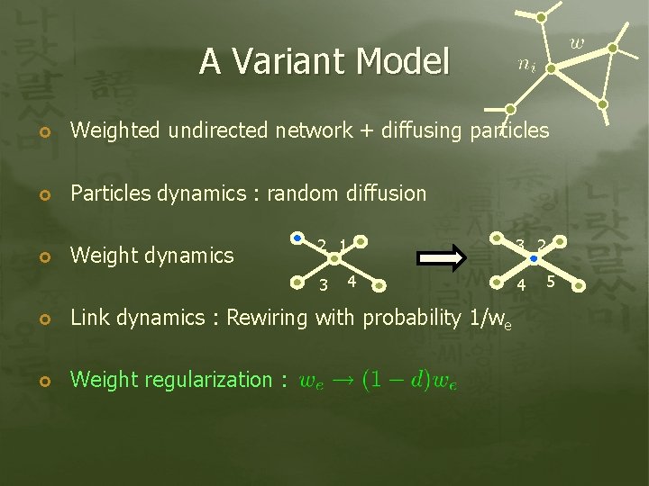 A Variant Model Weighted undirected network + diffusing particles Particles dynamics : random diffusion