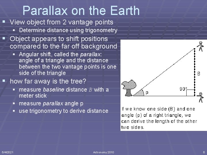 Parallax on the Earth § View object from 2 vantage points § Determine distance