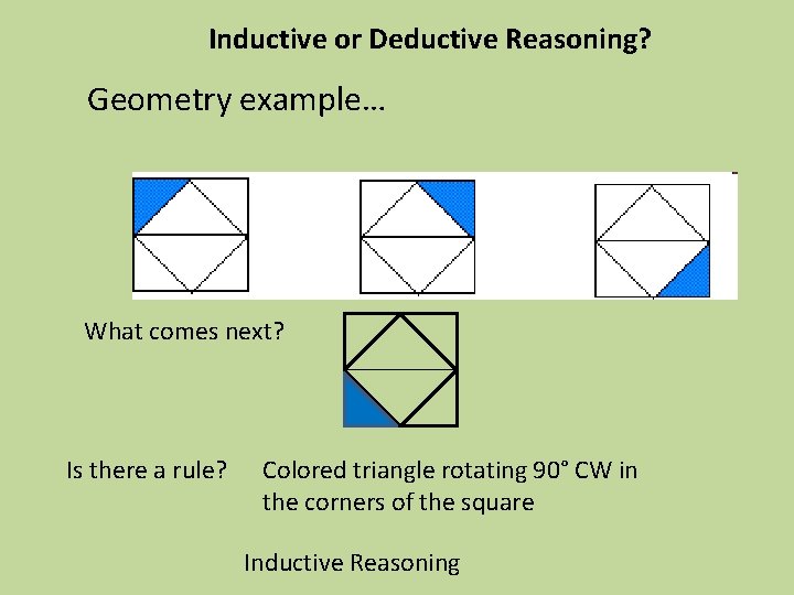 Inductive or Deductive Reasoning? Geometry example… What comes next? Is there a rule? Colored