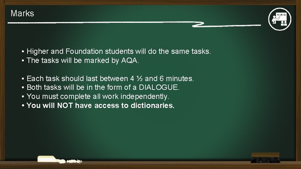 Marks • Higher and Foundation students will do the same tasks. • The tasks