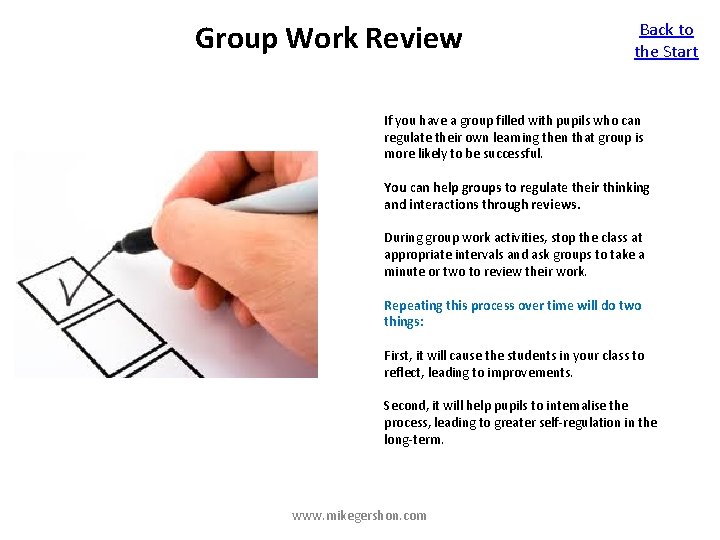 Group Work Review Back to the Start If you have a group filled with