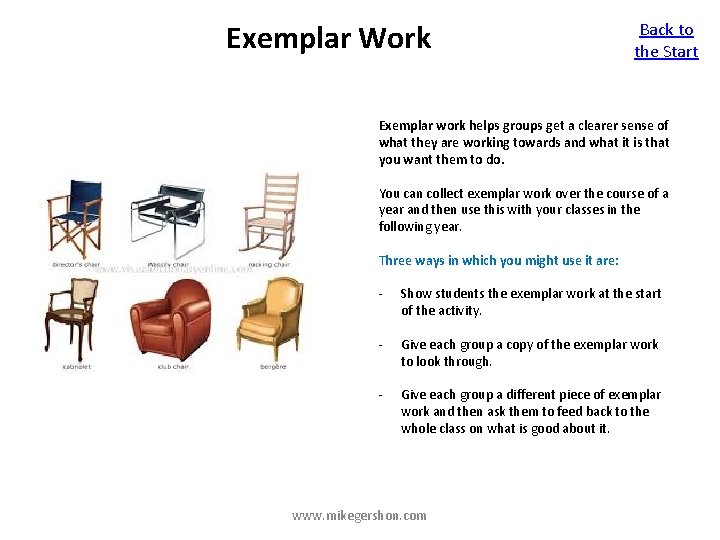 Exemplar Work Back to the Start Exemplar work helps groups get a clearer sense