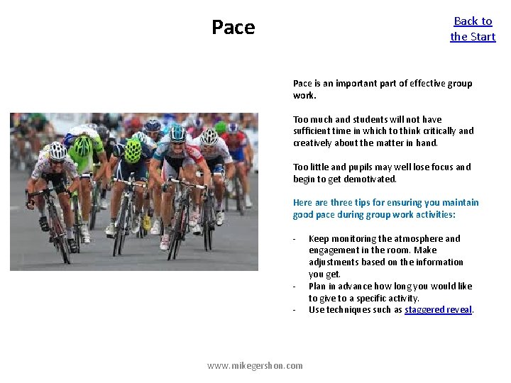 Pace Back to the Start Pace is an important part of effective group work.