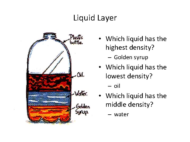 Liquid Layer • Which liquid has the highest density? – Golden syrup • Which