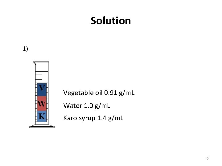 Solution 1) V W K Vegetable oil 0. 91 g/m. L Water 1. 0