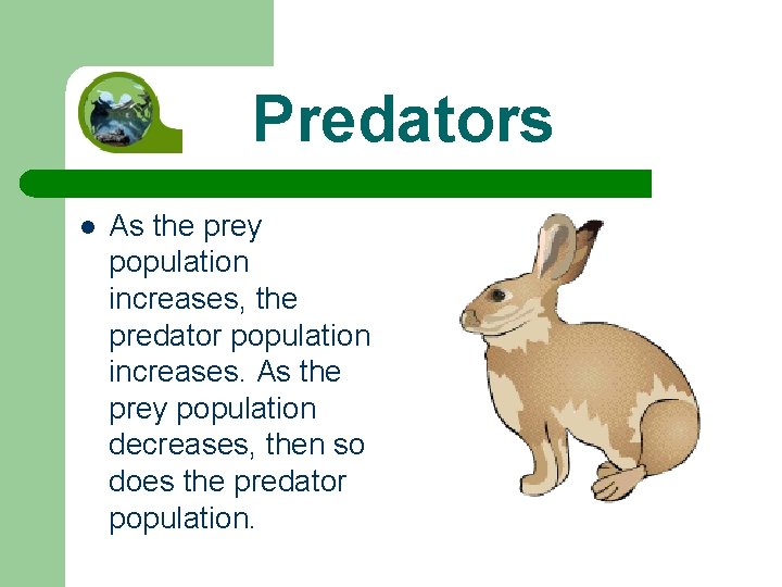 Predators l As the prey population increases, the predator population increases. As the prey