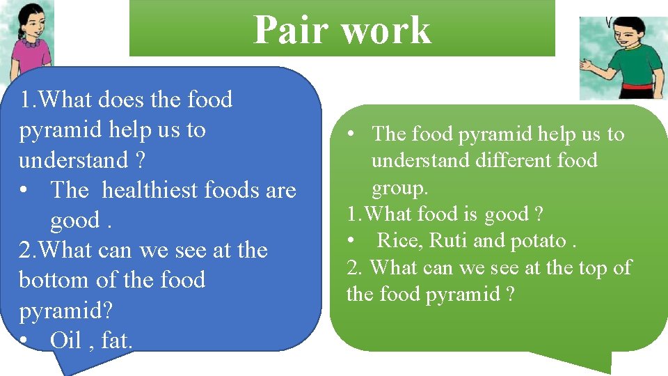 Pair work 1. What does the food pyramid help us to understand ? •