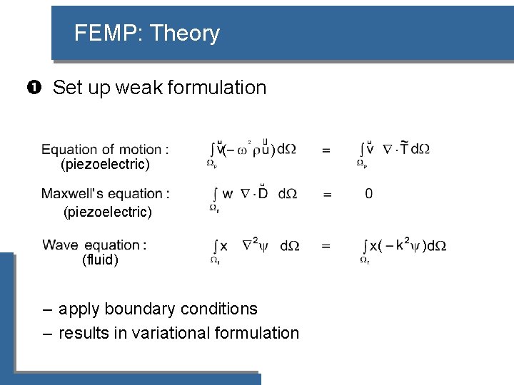 FEMP: Theory Set up weak formulation (piezoelectric) ( ) (piezoelectric) (fluid) – apply boundary