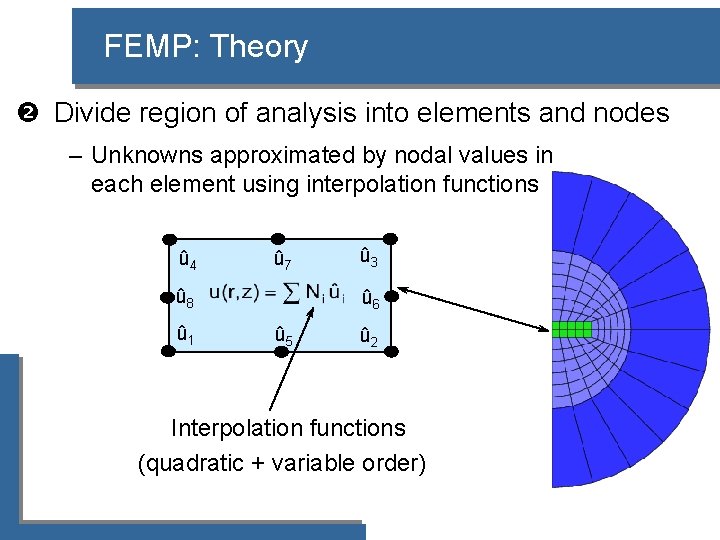 FEMP: Theory Divide region of analysis into elements and nodes – Unknowns approximated by