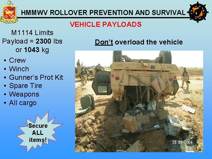 HMMWV ROLLOVER PREVENTION AND SURVIVAL VEHICLE PAYLOADS M 1114 Limits Payload = 2300 lbs