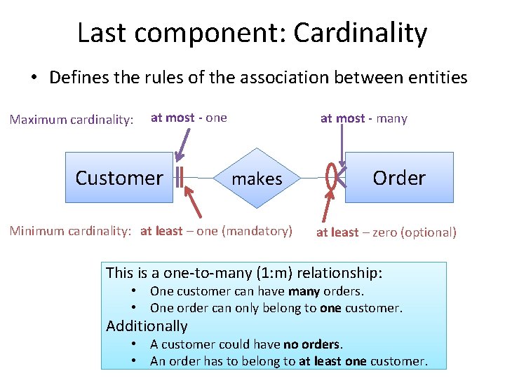 Last component: Cardinality • Defines the rules of the association between entities Maximum cardinality:
