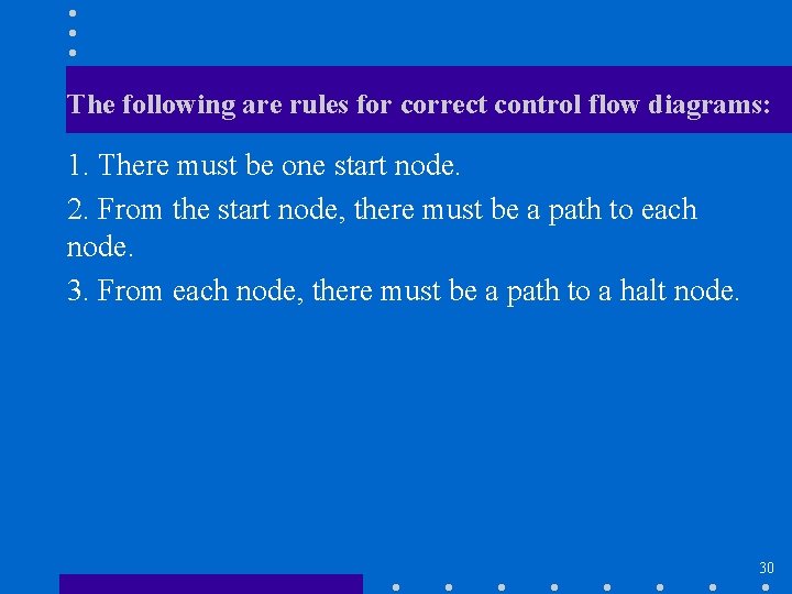 The following are rules for correct control flow diagrams: 1. There must be one