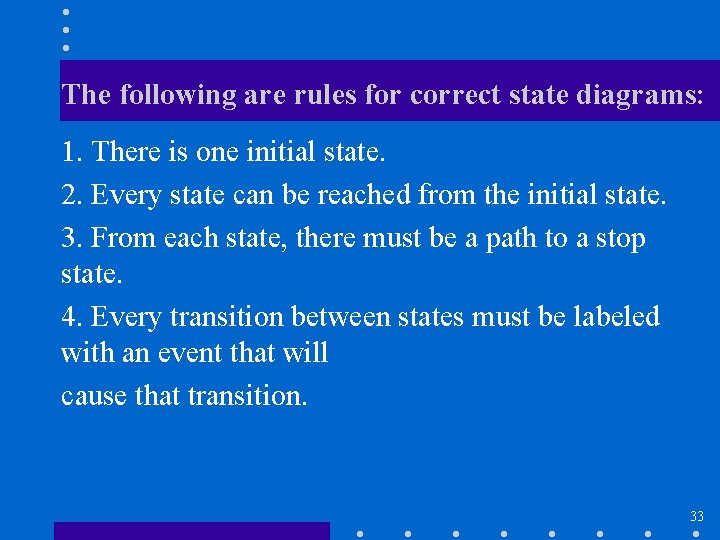 The following are rules for correct state diagrams: 1. There is one initial state.