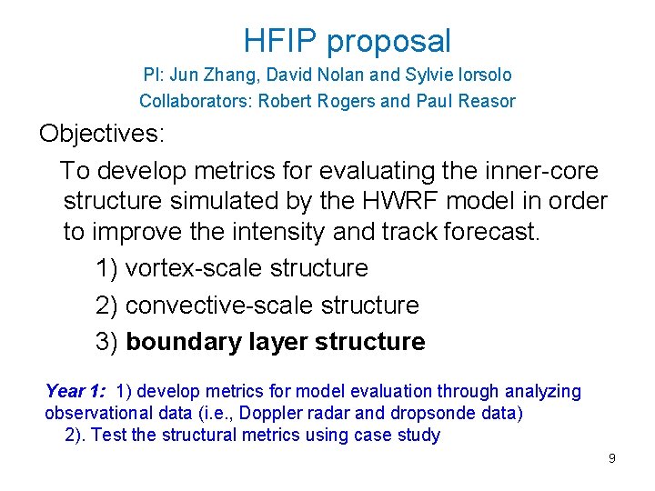 HFIP proposal PI: Jun Zhang, David Nolan and Sylvie lorsolo Collaborators: Robert Rogers and