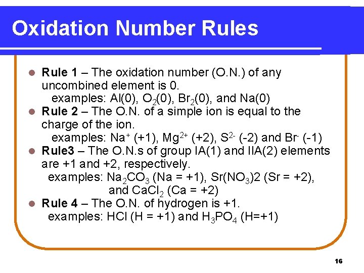 Oxidation Number Rules Rule 1 – The oxidation number (O. N. ) of any Oxidation Number Rules Rule 1 – The oxidation number (O. N. ) of any