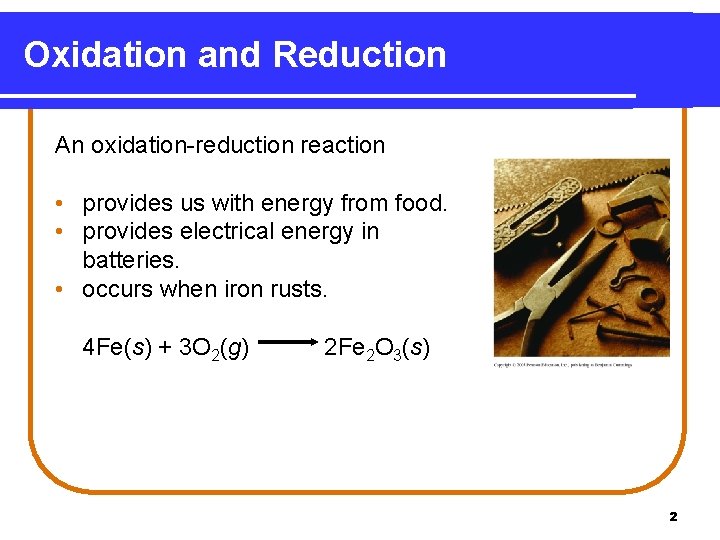 Oxidation and Reduction An oxidation-reduction reaction • provides us with energy from food. • Oxidation and Reduction An oxidation-reduction reaction • provides us with energy from food. •