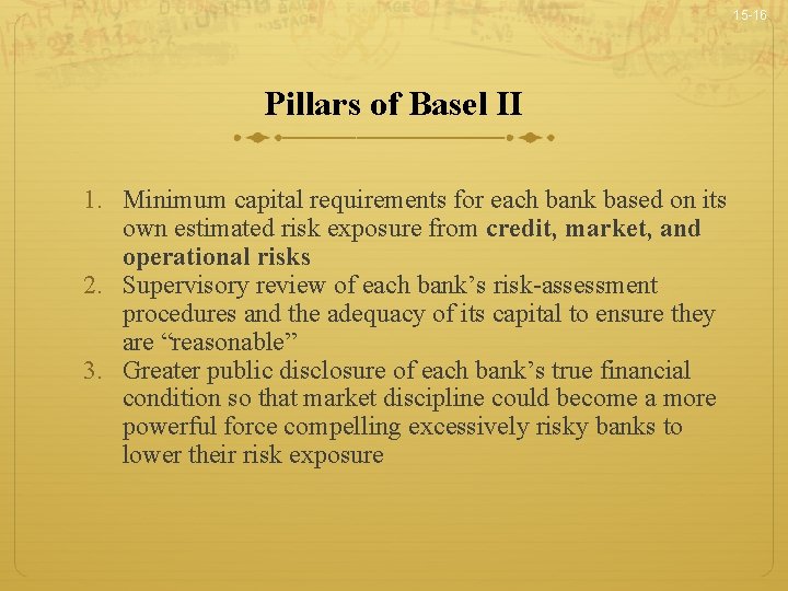 15 -16 Pillars of Basel II 1. Minimum capital requirements for each bank based