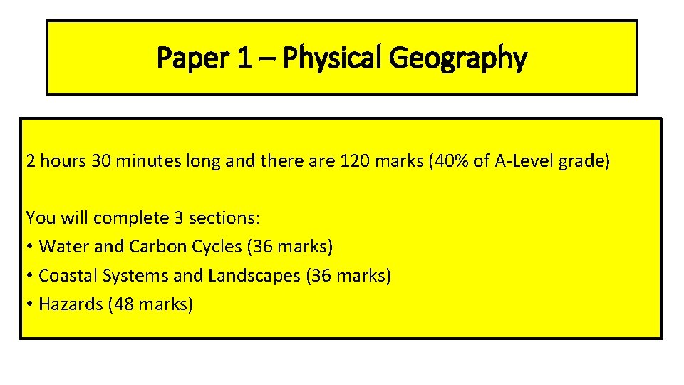 Paper 1 – Physical Geography 2 hours 30 minutes long and there are 120