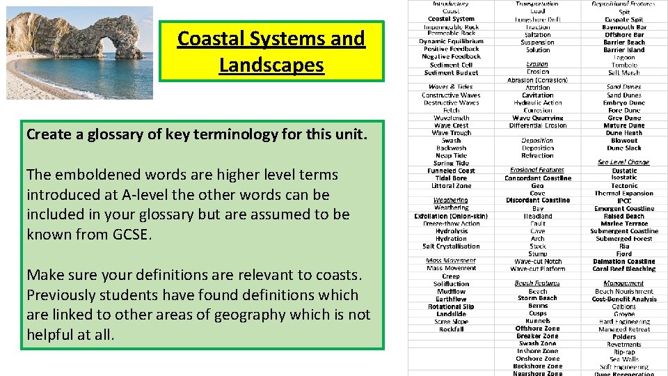 Coastal Systems and Landscapes Create a glossary of key terminology for this unit. The