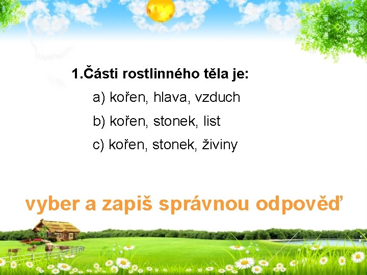 1. Části rostlinného těla je: a) kořen, hlava, vzduch b) kořen, stonek, list c)