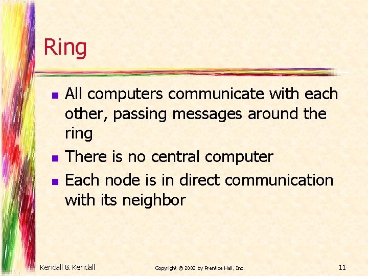 Ring n n n All computers communicate with each other, passing messages around the