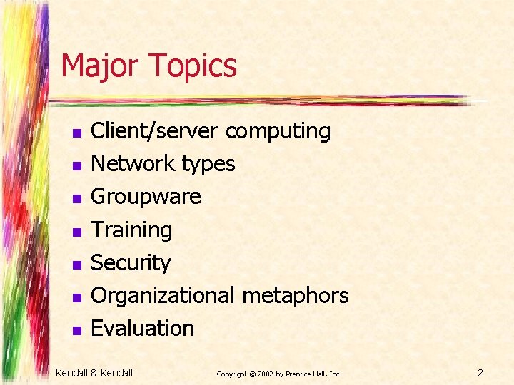 Major Topics n n n n Client/server computing Network types Groupware Training Security Organizational