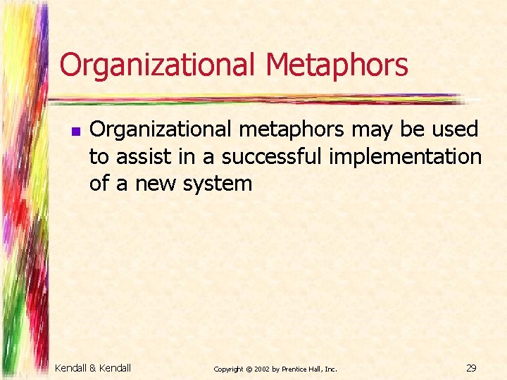 Organizational Metaphors n Organizational metaphors may be used to assist in a successful implementation