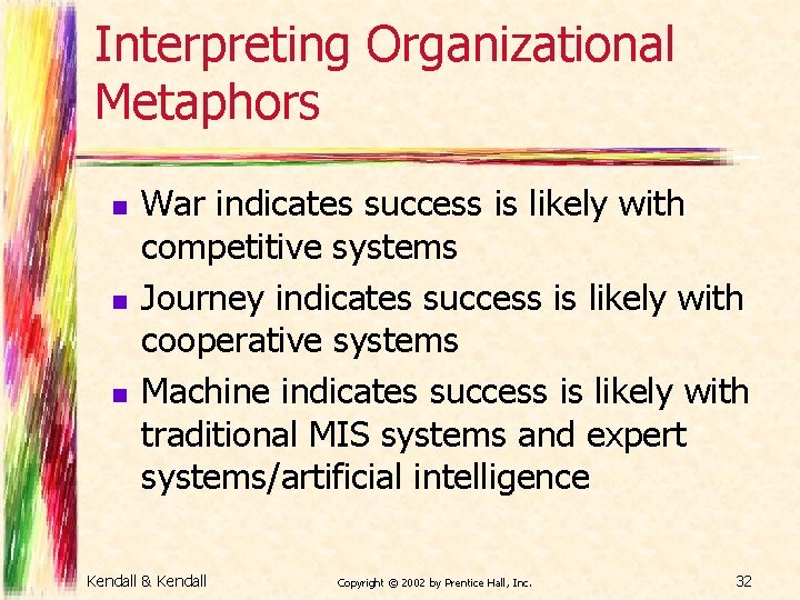 Interpreting Organizational Metaphors n n n War indicates success is likely with competitive systems