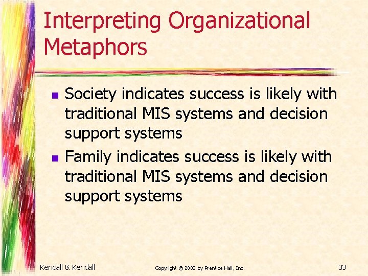 Interpreting Organizational Metaphors n n Society indicates success is likely with traditional MIS systems