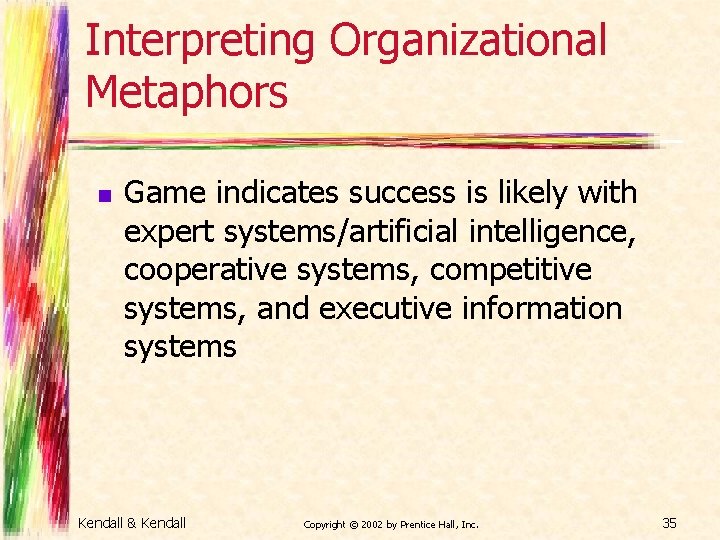 Interpreting Organizational Metaphors n Game indicates success is likely with expert systems/artificial intelligence, cooperative